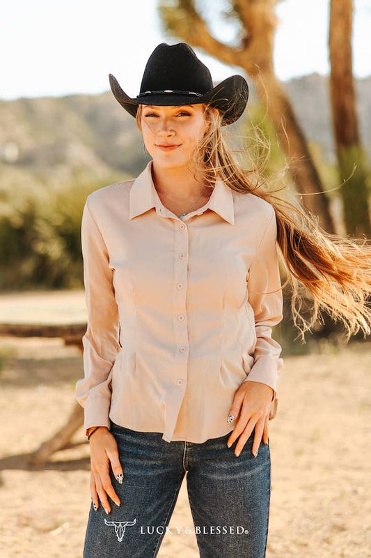 LUCKY & BLESSED "Mercedes" Beige Western Button-Down Shirt — Tailored Long-Sleeve Cowgirl Staple