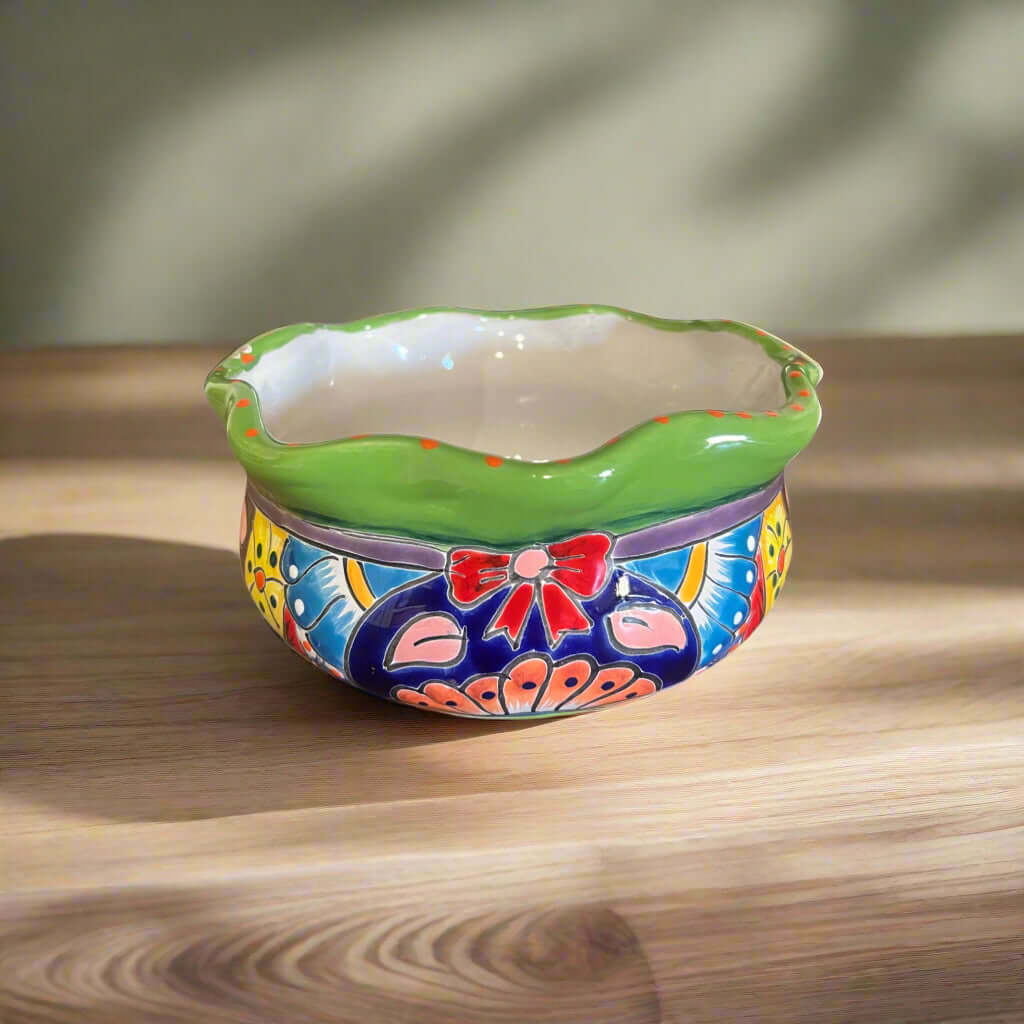 Mini Talavera Flower Pot | Wavy Rim Mexican Ceramic Planter
