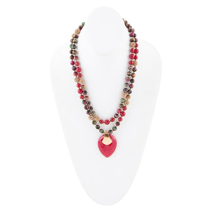 Jeweled Multi-Color Tiger's Eye and Rasberry Quartz Pendant Golden Necklace