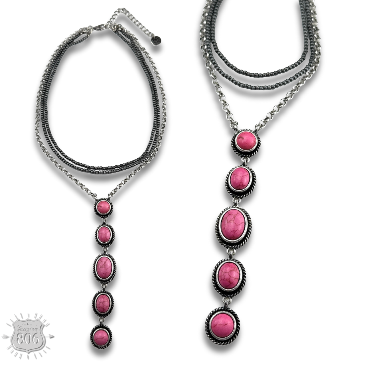 Burnished bead and stone drop Y necklace