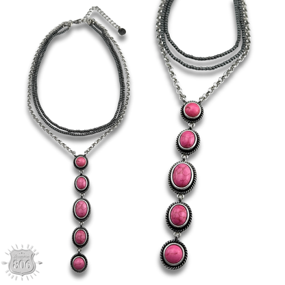 Burnished bead and stone drop Y necklace
