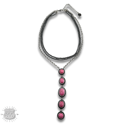 Burnished bead and stone drop Y necklace