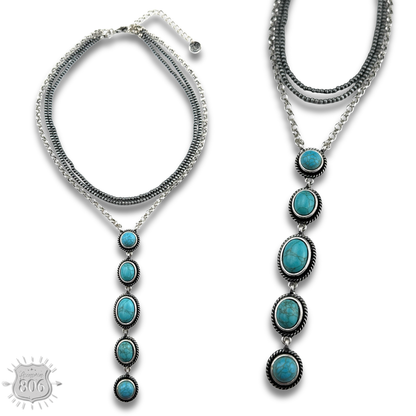 Burnished bead and stone drop Y necklace