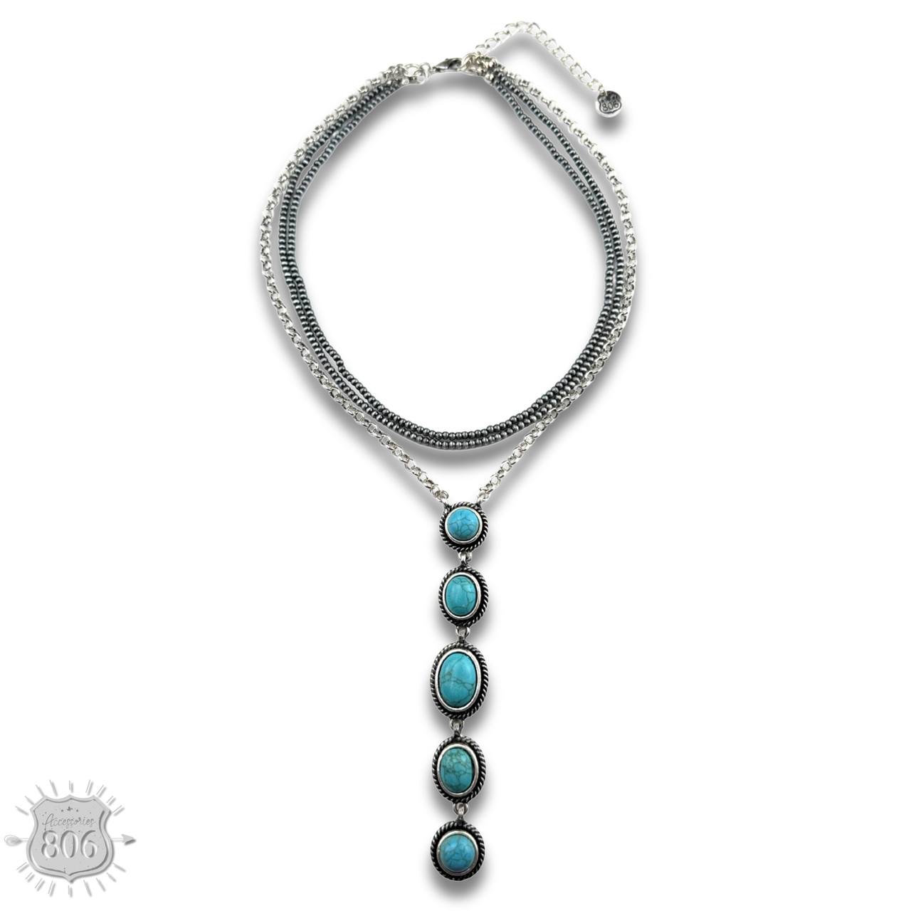 Burnished bead and stone drop Y necklace