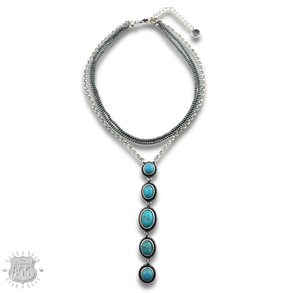 Burnished bead and stone drop Y necklace