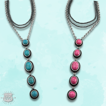 Burnished bead and stone drop Y necklace