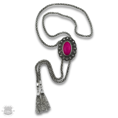 Western silver bolo necklace with oval stone slide