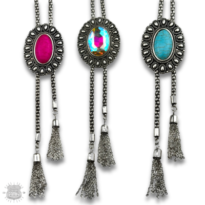 Western silver bolo necklace with oval stone slide