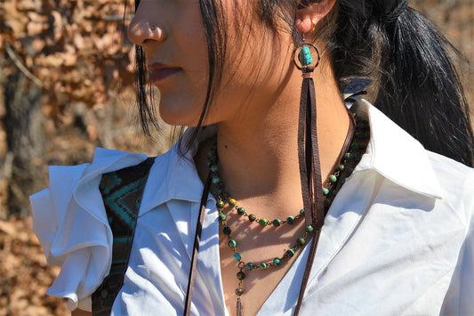*Turquoise Drop Earrings w/ Brown Leather Tassel 203z