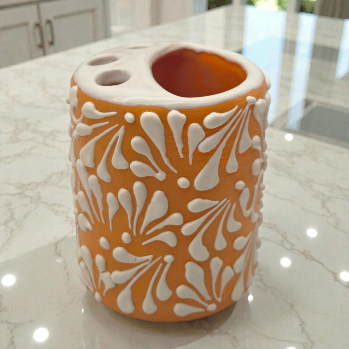 Orange Brown Talavera Toothbrush Holder | Mexican Ceramic Decor