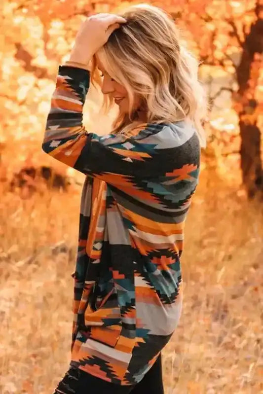 Orange Western Aztec Knit Cardigan