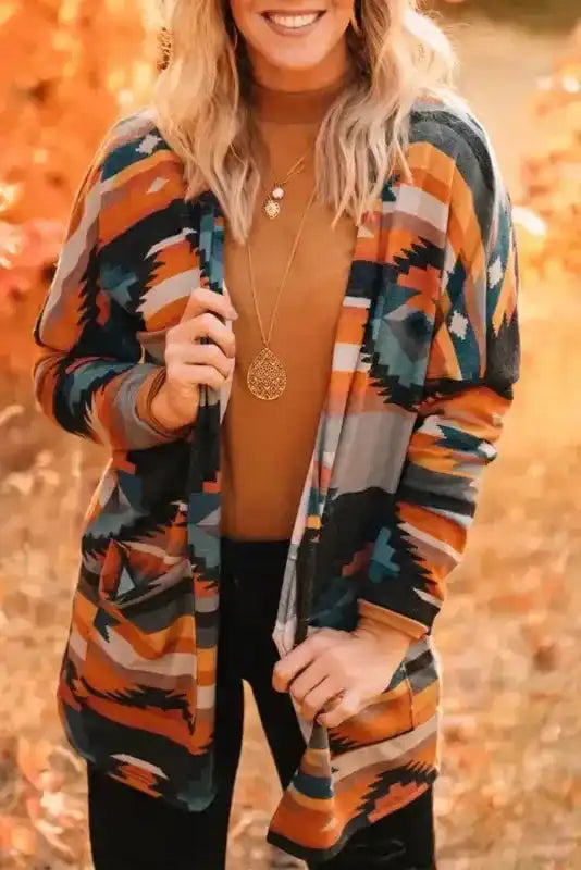 Orange Western Aztec Knit Cardigan