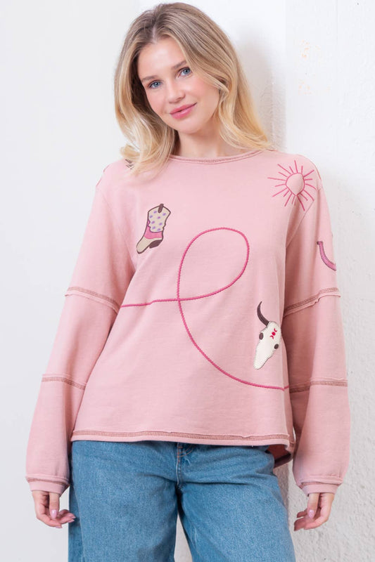 Taelynn "Outlaw" Western Embroidered Long-Sleeve Top — Soft Mauve Boat Neck with Exposed Seams