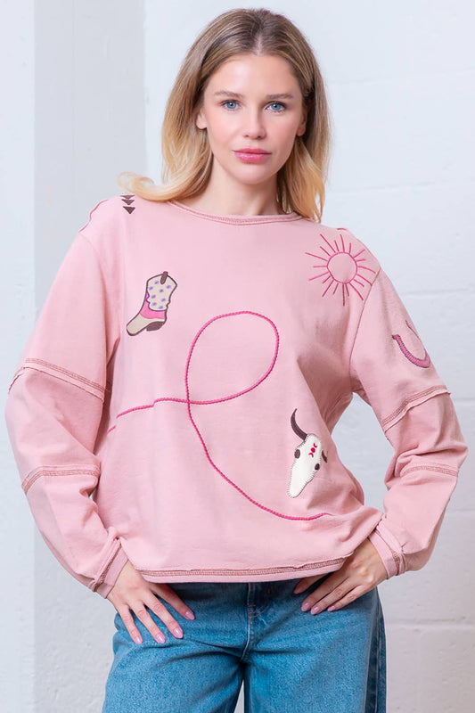 Taelynn "Outlaw" Western Embroidered Long-Sleeve Top — Soft Mauve Boat Neck with Exposed Seams