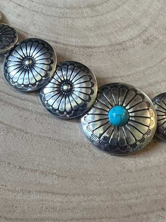 Western Overlapping Concho Necklace with Faux Turquoise — 18 Inch Southwestern Statement