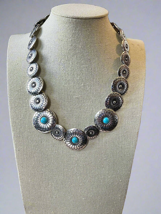 Western Overlapping Concho Necklace with Faux Turquoise — 18 Inch Southwestern Statement