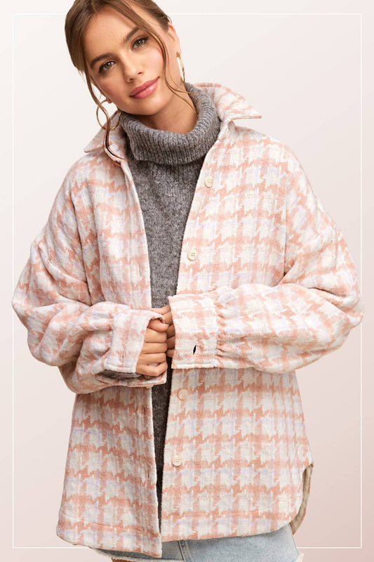 Oversized Houndstooth Patterned Soft Brushed Shacket - small remaining