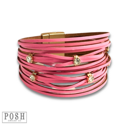 Leather and rhinestone magnetic bracelet - LC