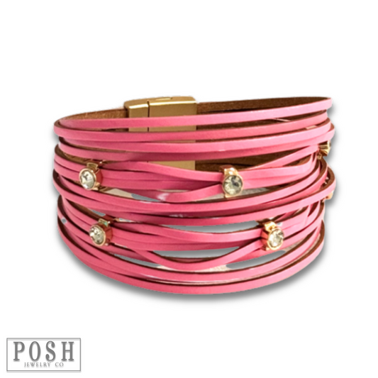 Leather and rhinestone magnetic bracelet - LC