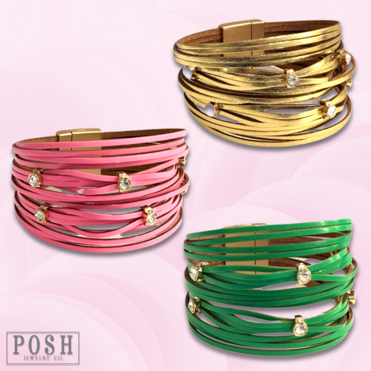 Leather and rhinestone magnetic bracelet - LC