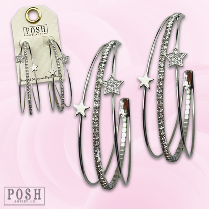 Triple hoop rhinestone and star earring, last call