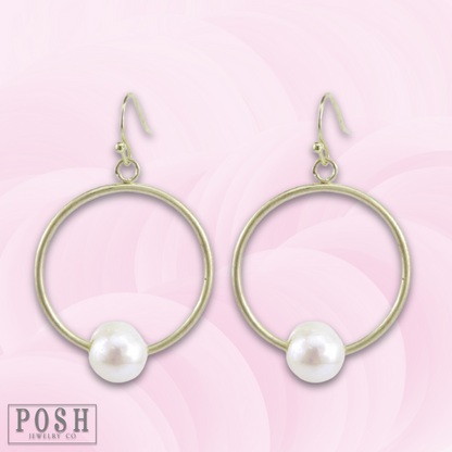 Gold circle earring with pearl charm, last call