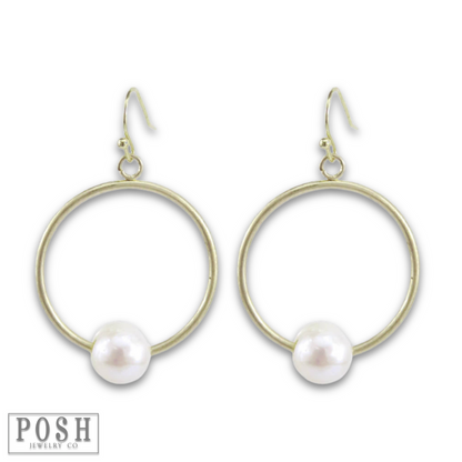 Gold circle earring with pearl charm, last call