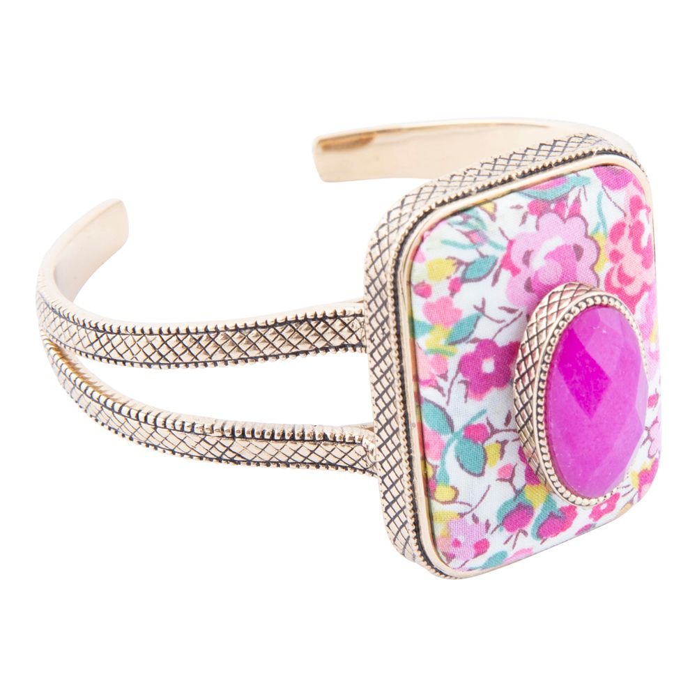 Pink Agate Stacked Stone Floral Cuff Bracelet