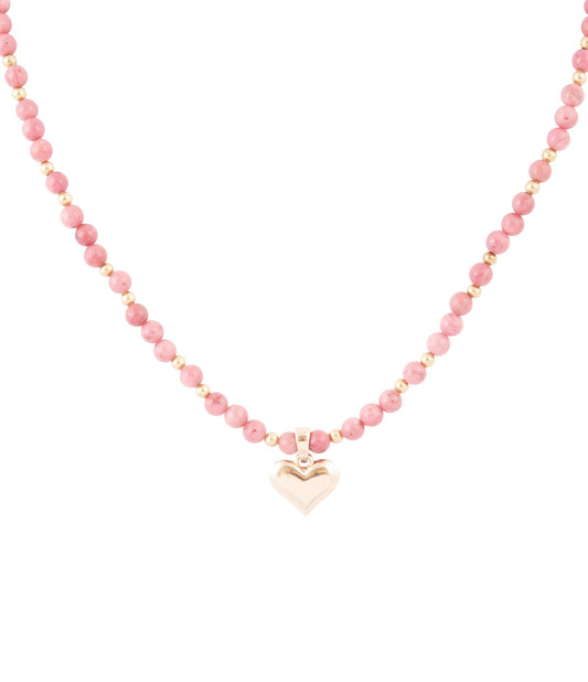 Pink Rhodonite and Golden Bronze Heart Pendant Necklace
