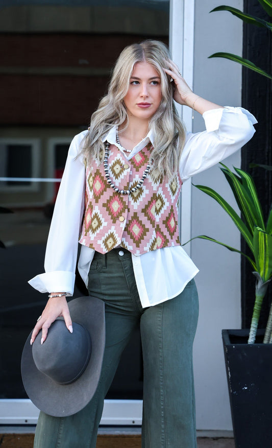 Turquoise Haven Pink Southwest Tapestry Snap Western Vest — Woven Geometric Print with Antique Brass Snap Closure