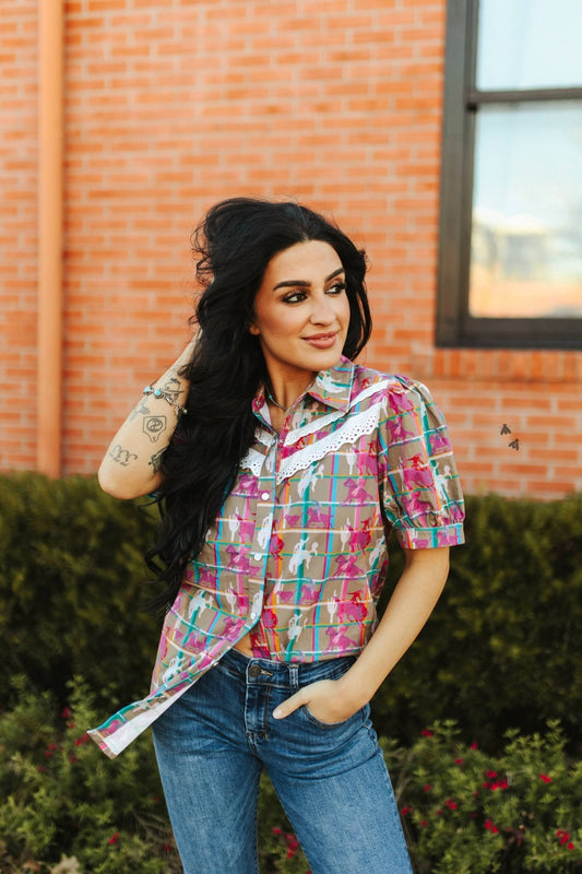 2 Fly Co "Plaid Posse" Western Top — Multi-Color Plaid with Lace Detail Comfortable Statement Piece