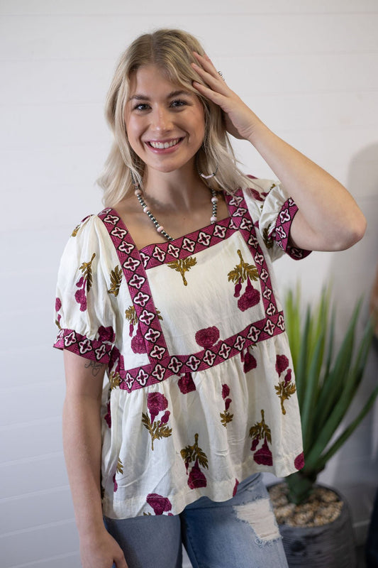 Umgee "Prairie Marigold" Western Boho Blouse — Embroidered Contrast Trim with Square Neck & Puff Sleeves (Red & Olive Floral)