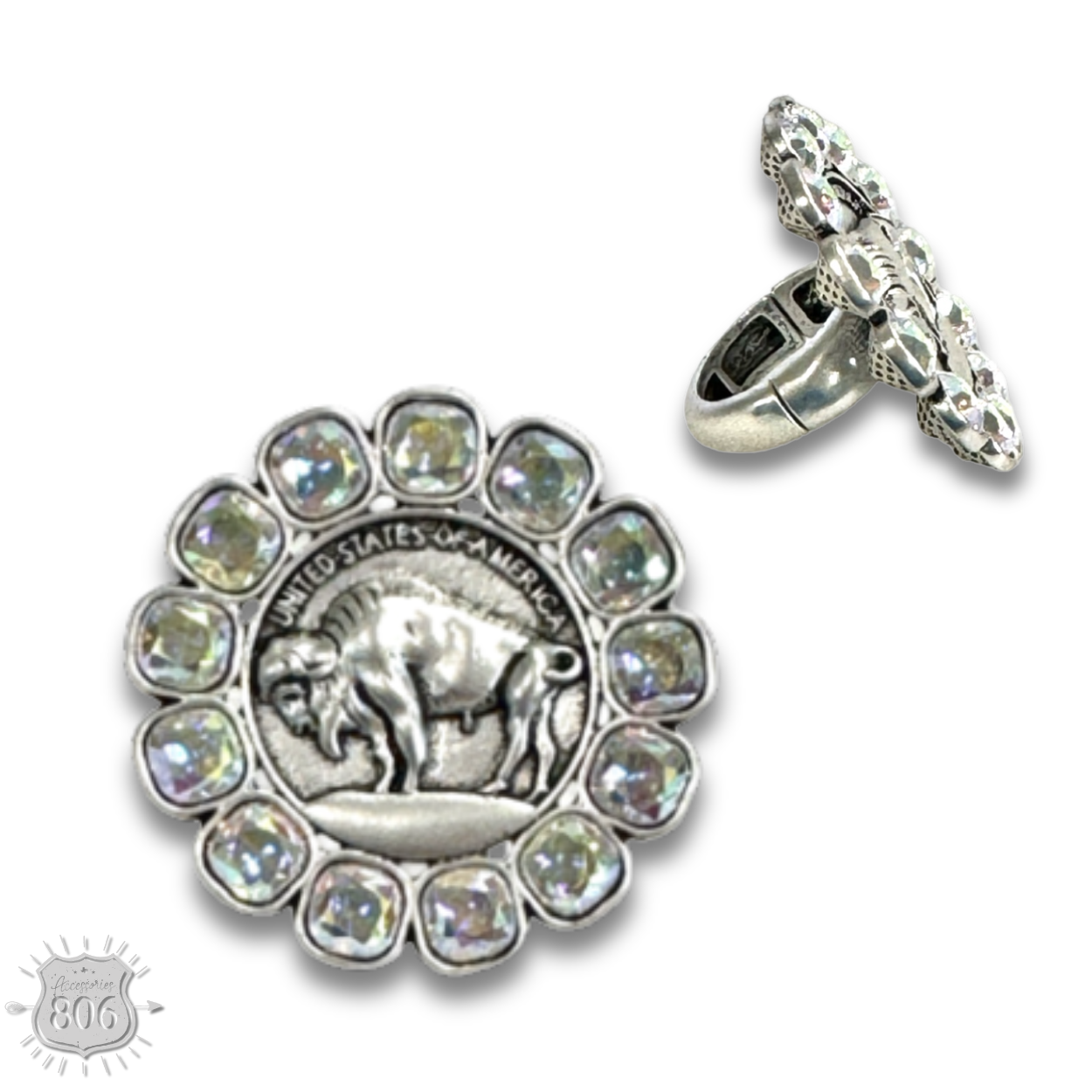 Buffalo nickel and rhinestone ring