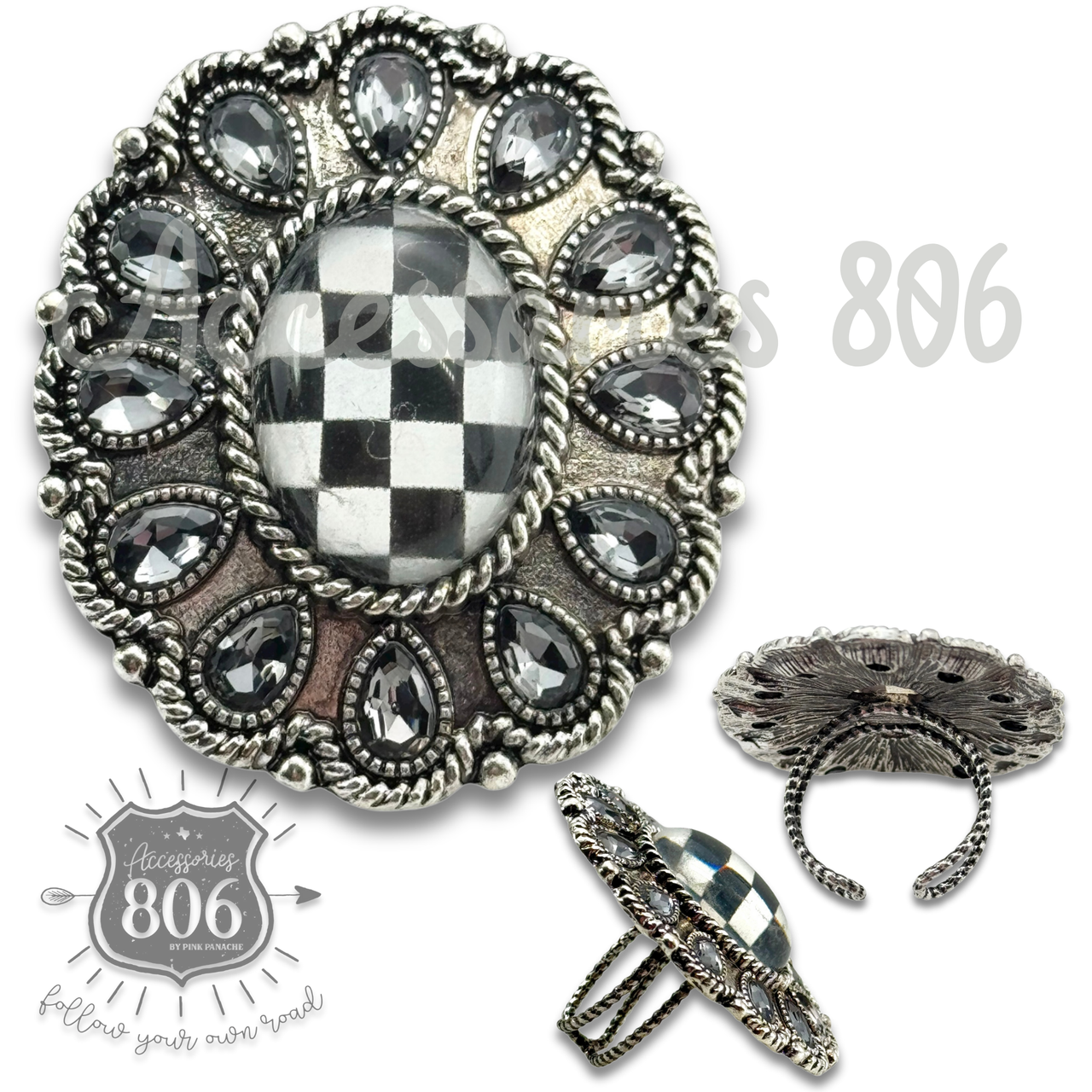 Western oval rhinestone ring with checkerboard inlay