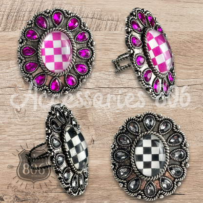 Western oval rhinestone ring with checkerboard inlay