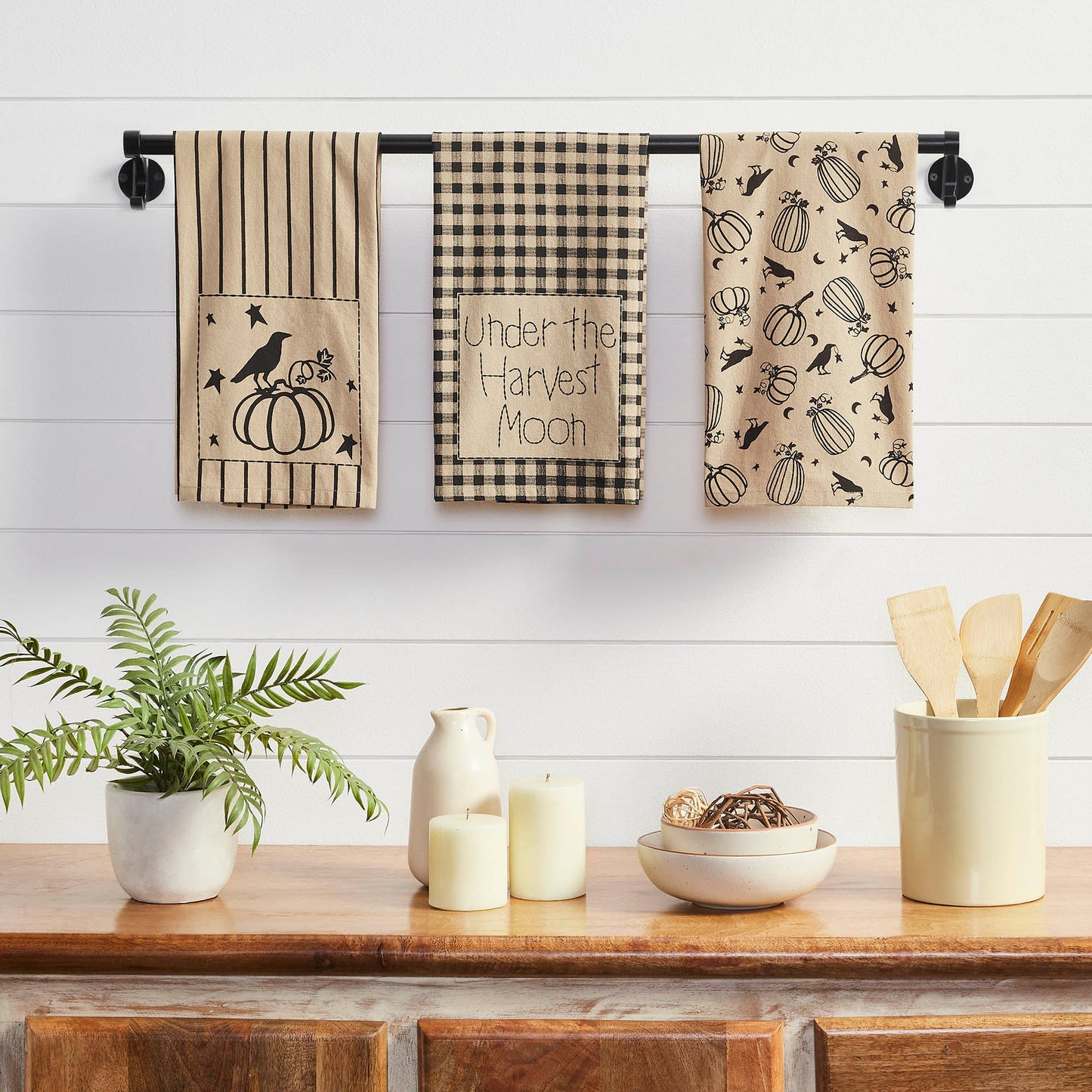Midnight Harvest Pumpkin & Raven Kitchen Towel Collection | Set of 3 Cotton Towels