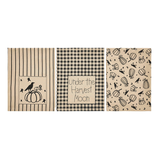 Midnight Harvest Pumpkin & Raven Kitchen Towel Collection | Set of 3 Cotton Towels