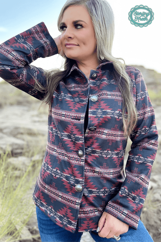 Sterling Kreek "Rebel" Aztec Print Western Jacket — Striking Red & Black Aztec with Buffalo Buttons