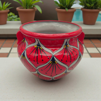 Red Peacock Talavera Planter | Hand-Painted Mexican Pot