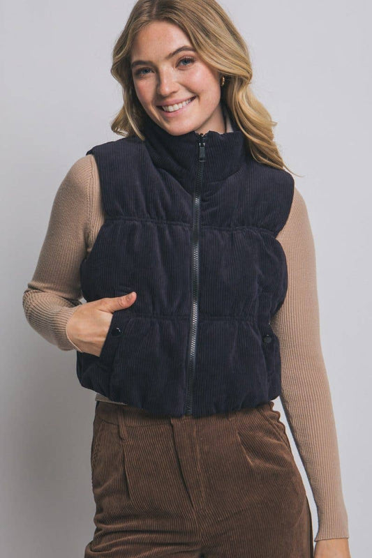 Vanilla Monkey Reversible Cropped Corduroy Puffer Western Vest — Two-Sided Designs with Zip-Up Closure (black available)