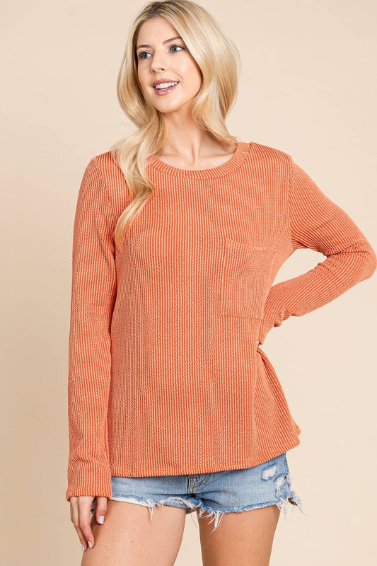 BOMBOM Western Ribbed Top with Pocket — Pumpkin & Fuchsia Cozy Crewneck Made in USA