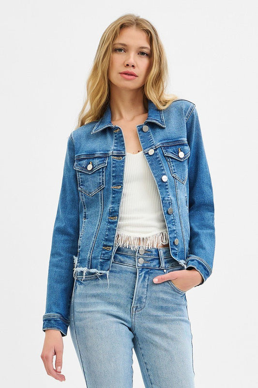 Risen Fray Hem Western Jean Jacket — Medium Wash with Frayed Rugged Finish (small remains)