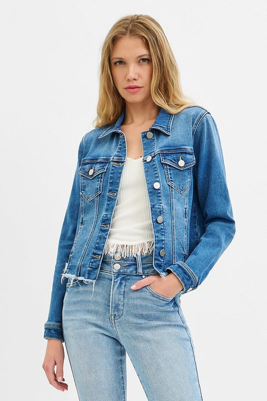 Risen Fray Hem Western Jean Jacket — Medium Wash with Frayed Rugged Finish (small remains)