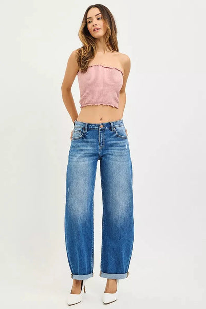 RISEN Full Size Mid Rise Barrel Double Roll Up Jeans Plus Size