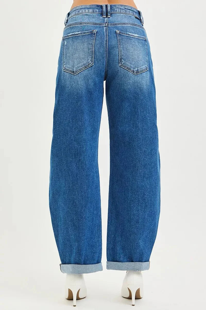 RISEN Full Size Mid Rise Barrel Double Roll Up Jeans Plus Size