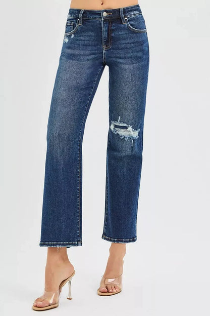 RISEN High Rise Crop Slim Straight Jenas with Hidden Knee Patch