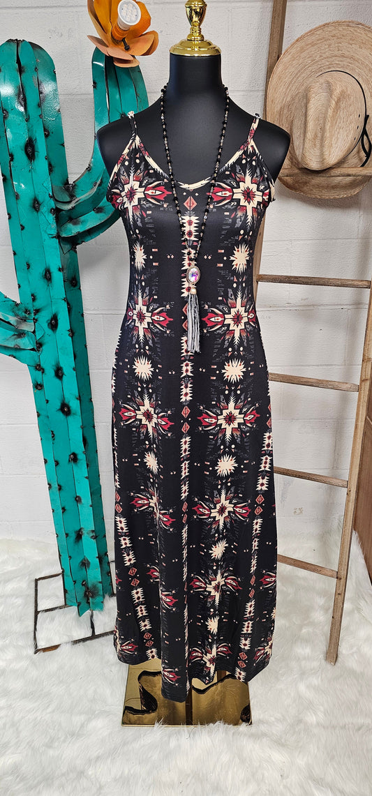 Baha Ranch Black and Tan Southwestern Aztec Western Maxi Dress