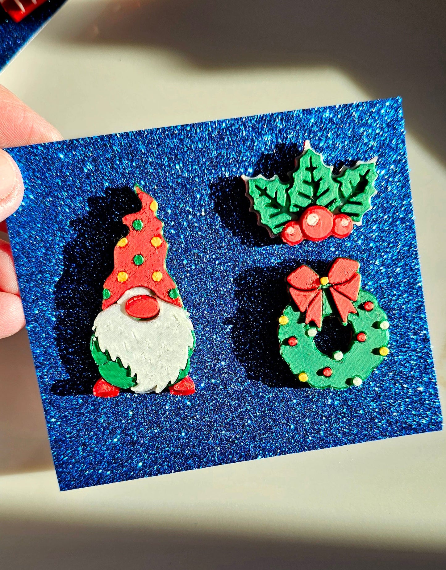 set of 3 Gnome Wreath Holly Hat Pins Christmas Made in America