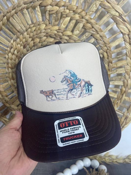 "Roping Cowboy" Trucker Hat — Otto 5-Panel Foam Front with DTF Western Print & Mesh Back