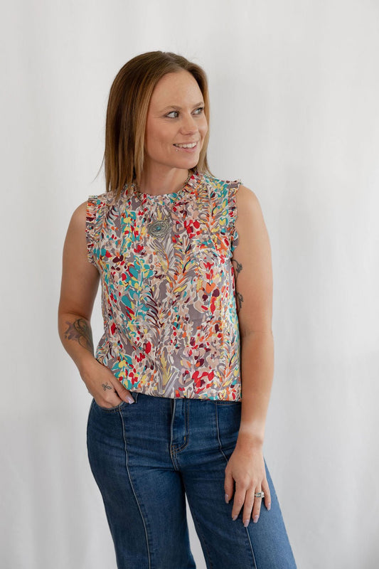 LIME N CHILI Graphic Print Ruffle Mock Neck Sleeveless Western Top — Keyhole Back Detail (Medium remaining)
